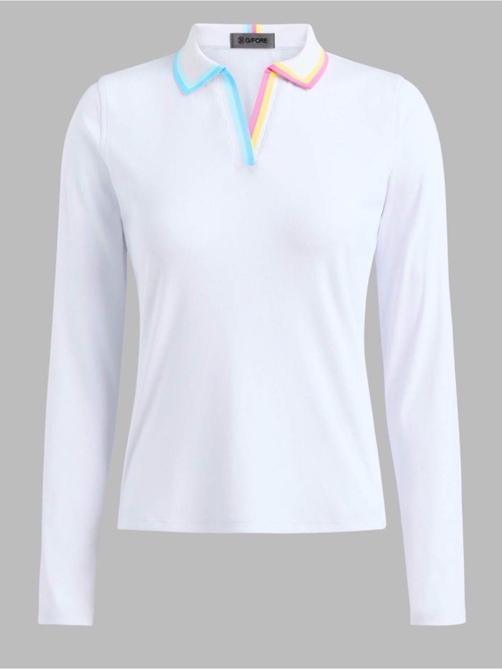 G/FORE White Long-Sleeve Polo Top with Pastel Blue, Pink & Yellow Trim